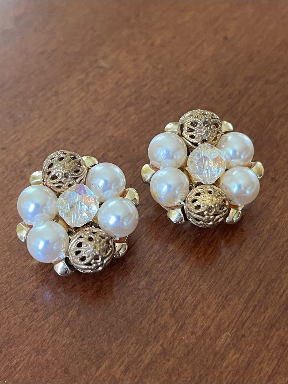 Vintage Gold and Pearl like Cluster Clip-On Earrings